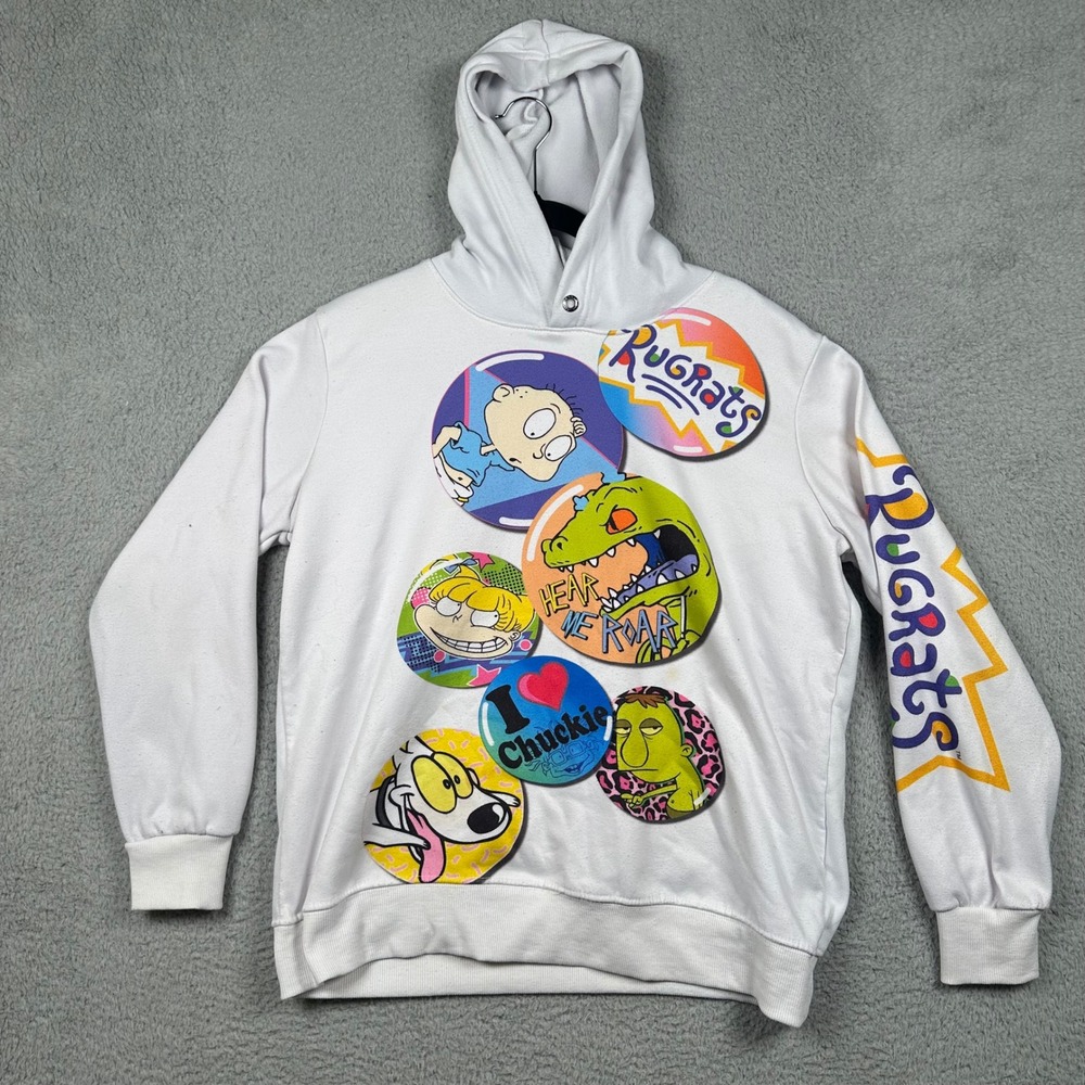 Vtg Nickelodeon Rugrats Graphic Hoodie White Mens Medium Tommy Reptar 90s